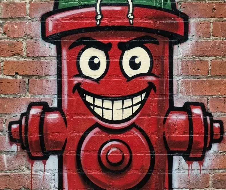 Close up of the hydrant mural face, grinning